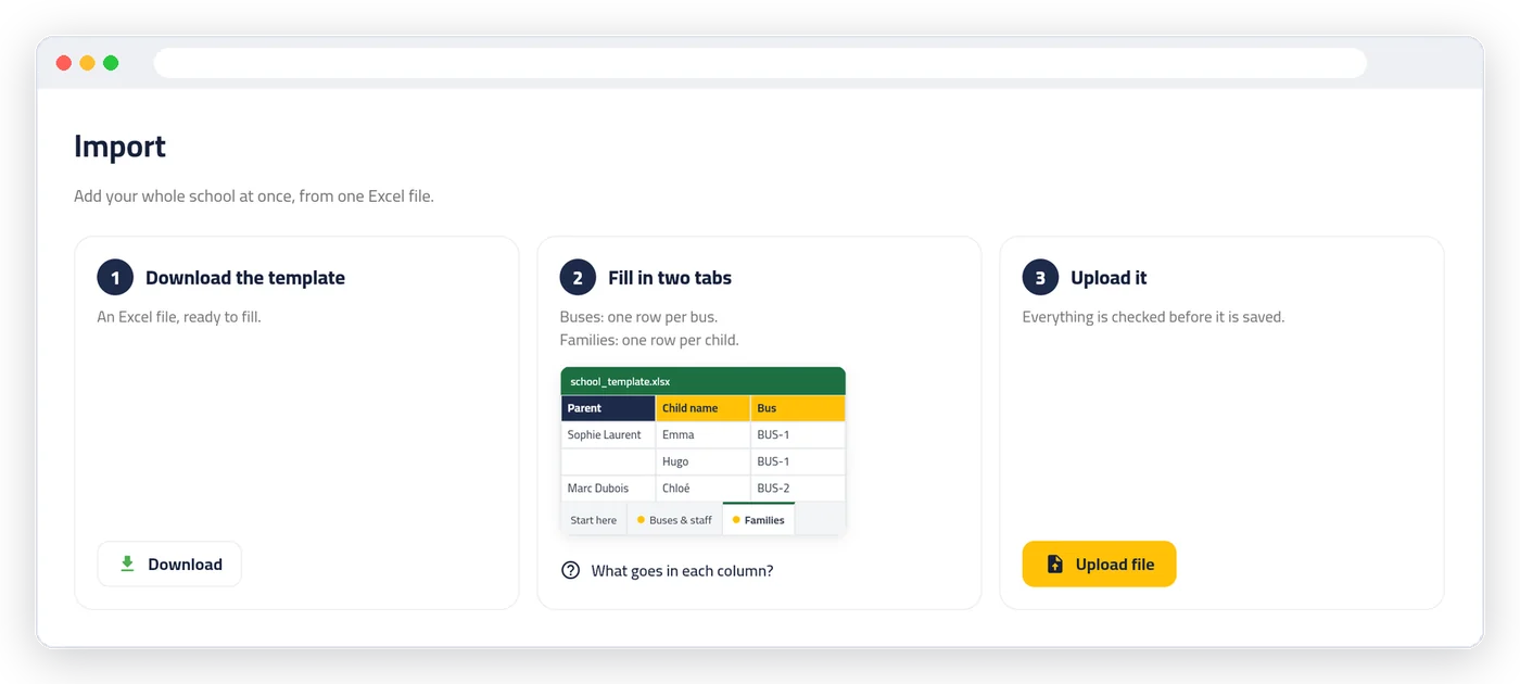 Import: download the template, fill two tabs, upload