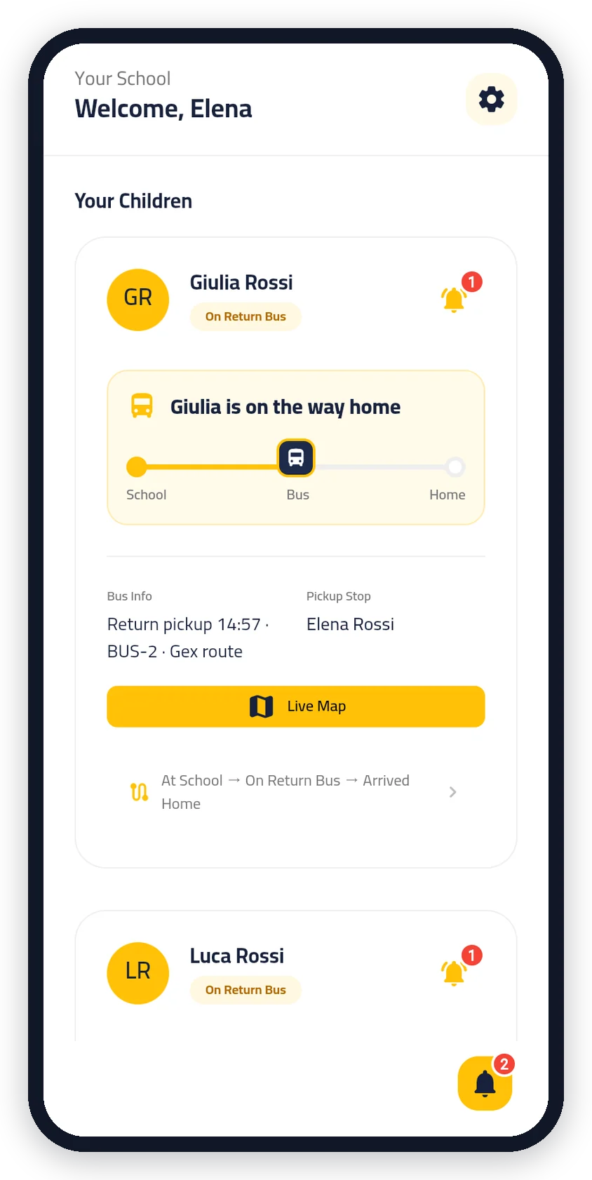 A parent's home screen: the child is on the way home